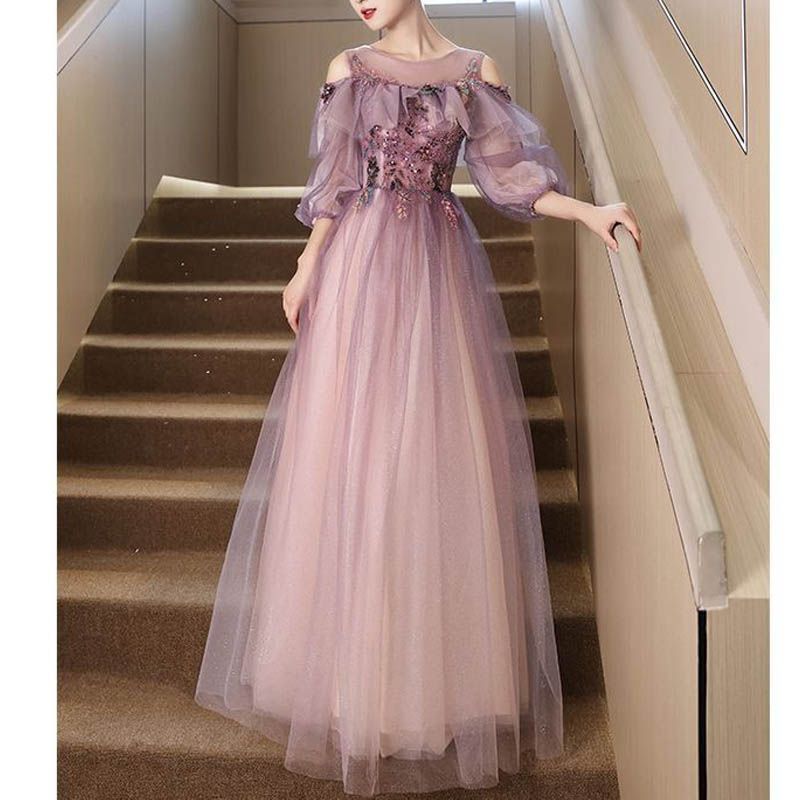 新品 カラードレス 演奏会用ロングドレス 演奏会 コンサート 結婚式 ロングドレス パープル 袖あり 折るショルダー 披露宴 パーティードレス 二次会 ステージ衣装 演出服 舞踏会 音楽会 0995