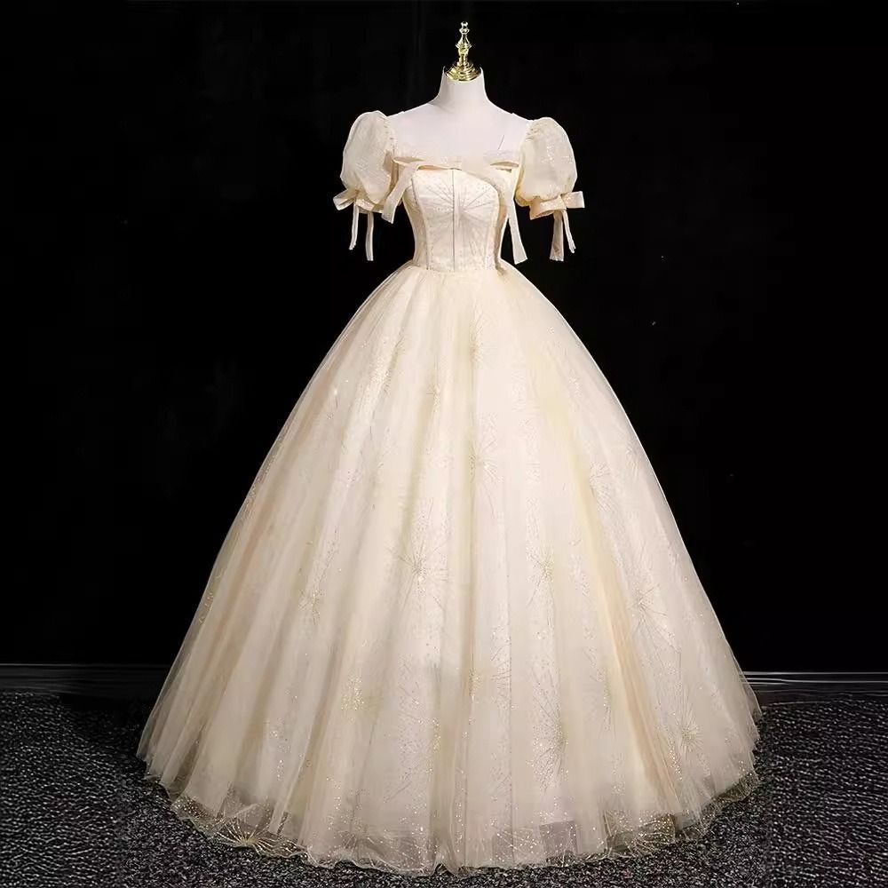 新品 ドレス ピアノ 発表会 ロングドレス イブニングドレス ホワイト 白 演奏会 結婚式 ピアノ発表会 袖付き パフスリーブ かわいい プリンセス風 編み上げ ロング ワンピ 099