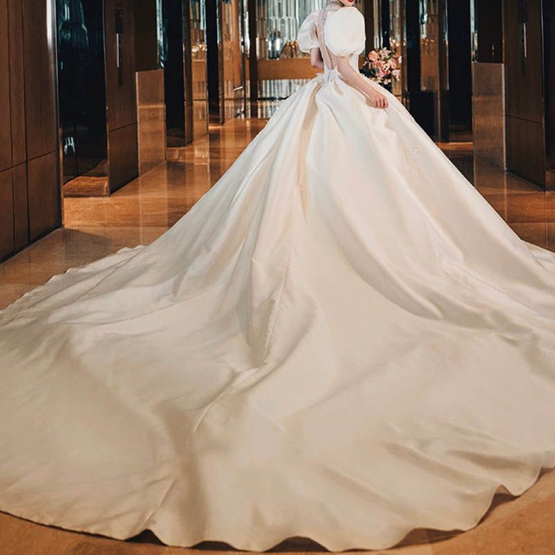 新品 ウエディングドレス 袖付き 二次会 ウェディングドレス 結婚式 プリンセス 花嫁 ドレス 披露宴 ロングドレス ブライダル パフスリーブ スーパーフェアリー ラージテール 裾長め 0949