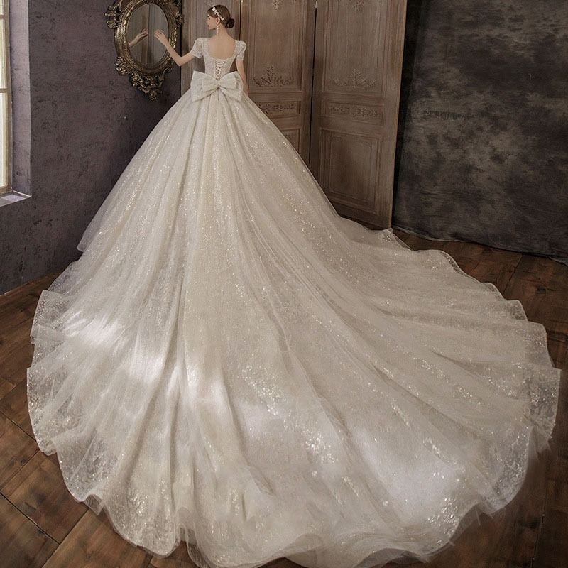 新品 ウエディングドレス 袖付き 二次会 ウェディングドレス 結婚式 プリンセス 花嫁 ドレス 披露宴 ロングドレス ブライダル パフスリーブ フロアレングステール スーパーフェアリー 裾長め 095