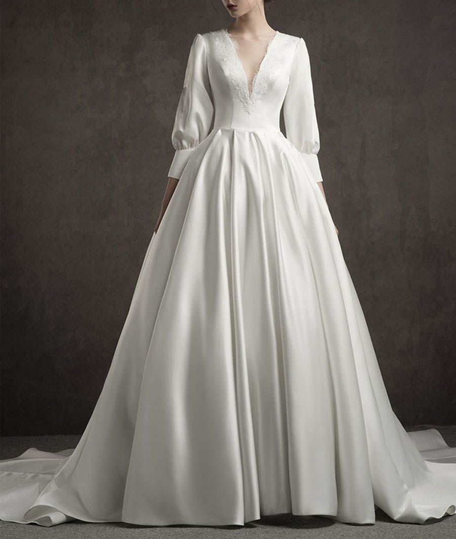 新品 ウエディングドレス aライン 白 袖あり Vネック レース 花嫁 結婚式 二次会 パーティードレス ブライダル ロングドレス イブニングドレス前撮り後撮り 披露宴 シンプル 09