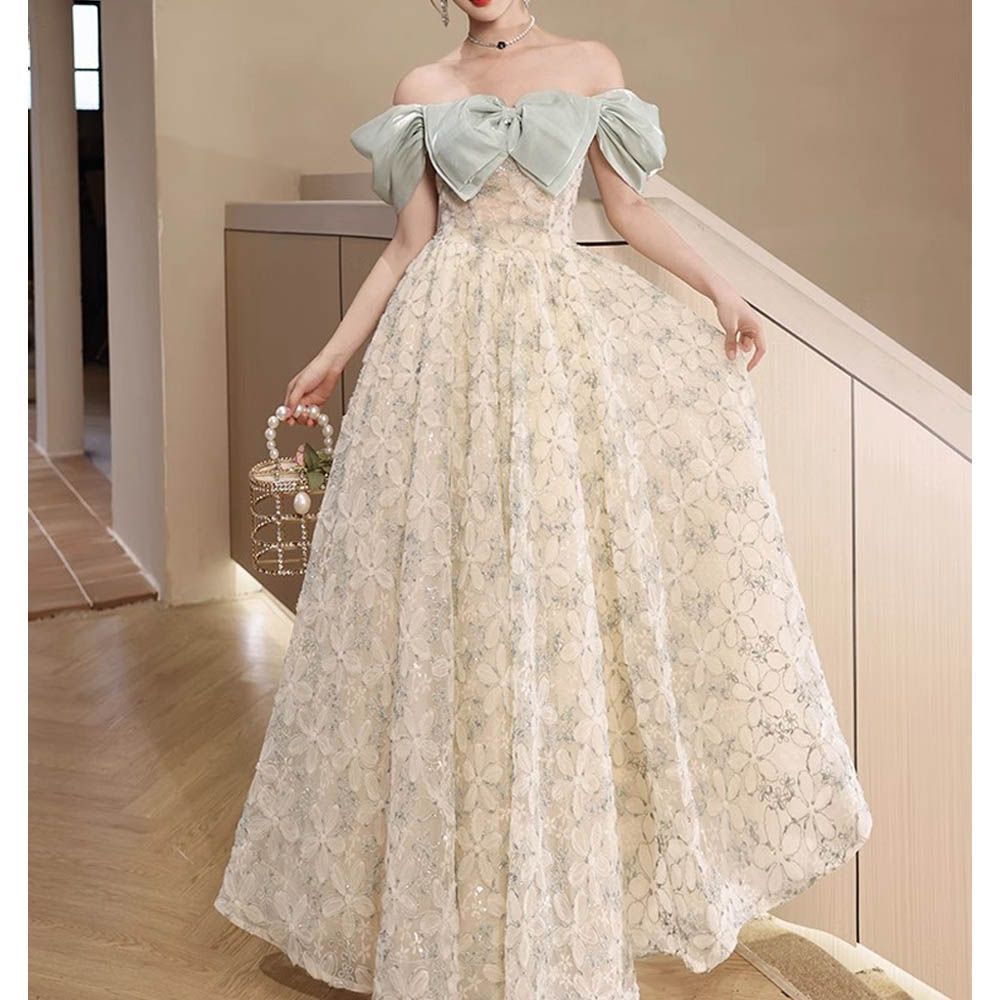 新品 カラードレス ロングドレス グリーン系 二次会 パーティードレス オフショルダー 花柄 花嫁 ウェディングドレス コンサート 披露宴 結婚式 演奏会 ステージ衣装 きらきら 097