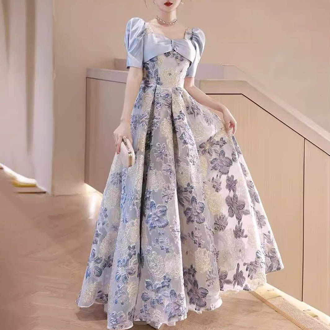 新品 カラードレス パーティードレス 演奏会 aラインドレス フォーマル 結婚式 ロング イブニングドレス カクテルドレス 二次会 発表会 披露宴 ブルー パフスリーブ 花柄 096
