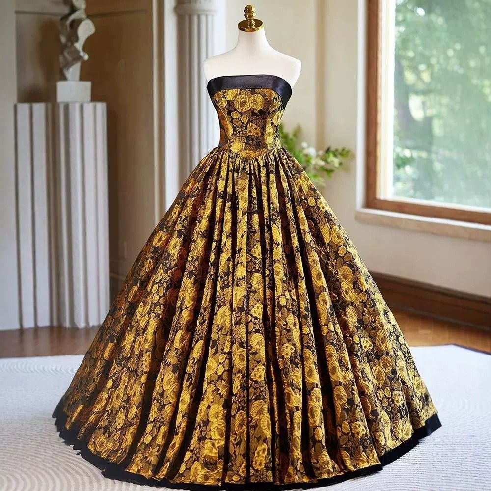新品 パーティードレス ドレス ワンピース ロングドレス イブニングドレス ロング丈 結婚式 二次会 発表会 演奏会 披露宴 チューブトップ ゴールド 花柄 0938