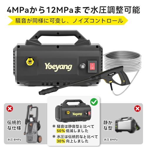 高圧洗浄機【12MPa・静音設計・無段階調整ノズル・A4用紙サイズ・超