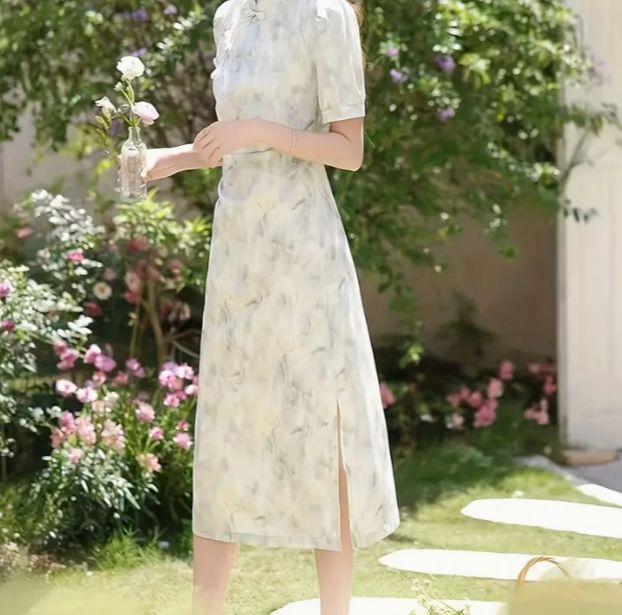 新品 チャイナドレス ホワイト 半袖 ハイネック 花柄 スリット ワンピース 北欧 ひざ丈 スカート 韓国 パーティー レディース 0776 7,636円