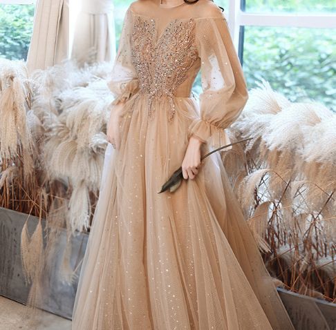 新品 パーティードレス ロングドレス シフォン フレア シャンパン キラキラ 長袖 シースルー 結婚式 二次会 同窓会 パーティー 上品 大人 077
