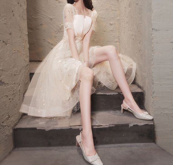 新品 ドレス ひざ丈 チュール シースルー アイドル パーティー レディース 半袖 フレア Aライン 夏 結婚式 二次会 同窓会 075