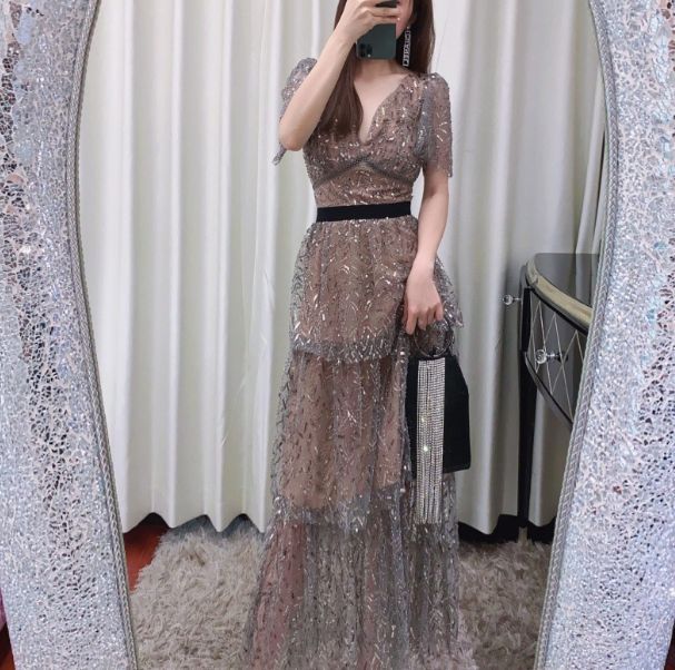 新品 パーティードレス 半袖 シフォン ロングスカート シースルー Vネック キラキラ レース お呼ばれ ハイウエスト 結婚式 二次会 0740