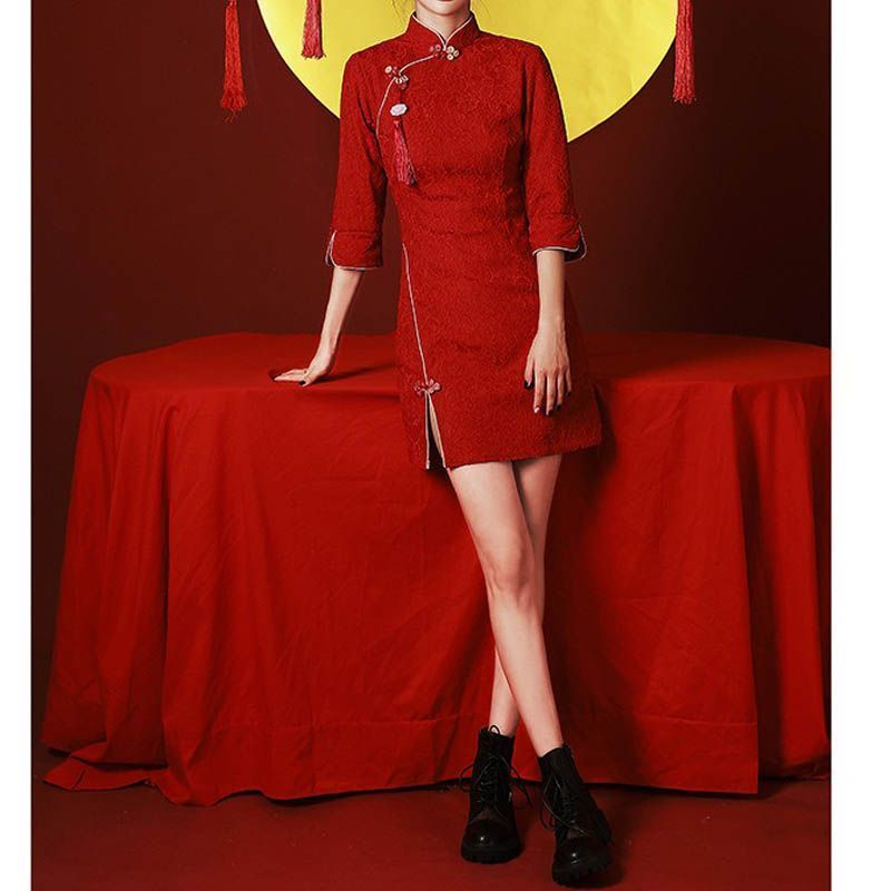 新品 チャイナドレス ミニ チャイナドレス コスプレ 衣装 チャイナ服 七分丈 赤 かわいい コスプレ 大きいサイズ ドレス パーティードレス 結婚式 コスプレ 085