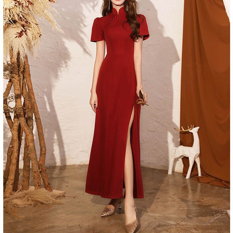 新品 チャイナドレス レース 半袖 ロング丈 女性用 ワンピース 無地 赤 シンプル 上品 スリット 宴会 結婚式 パーティー コスプレ 087