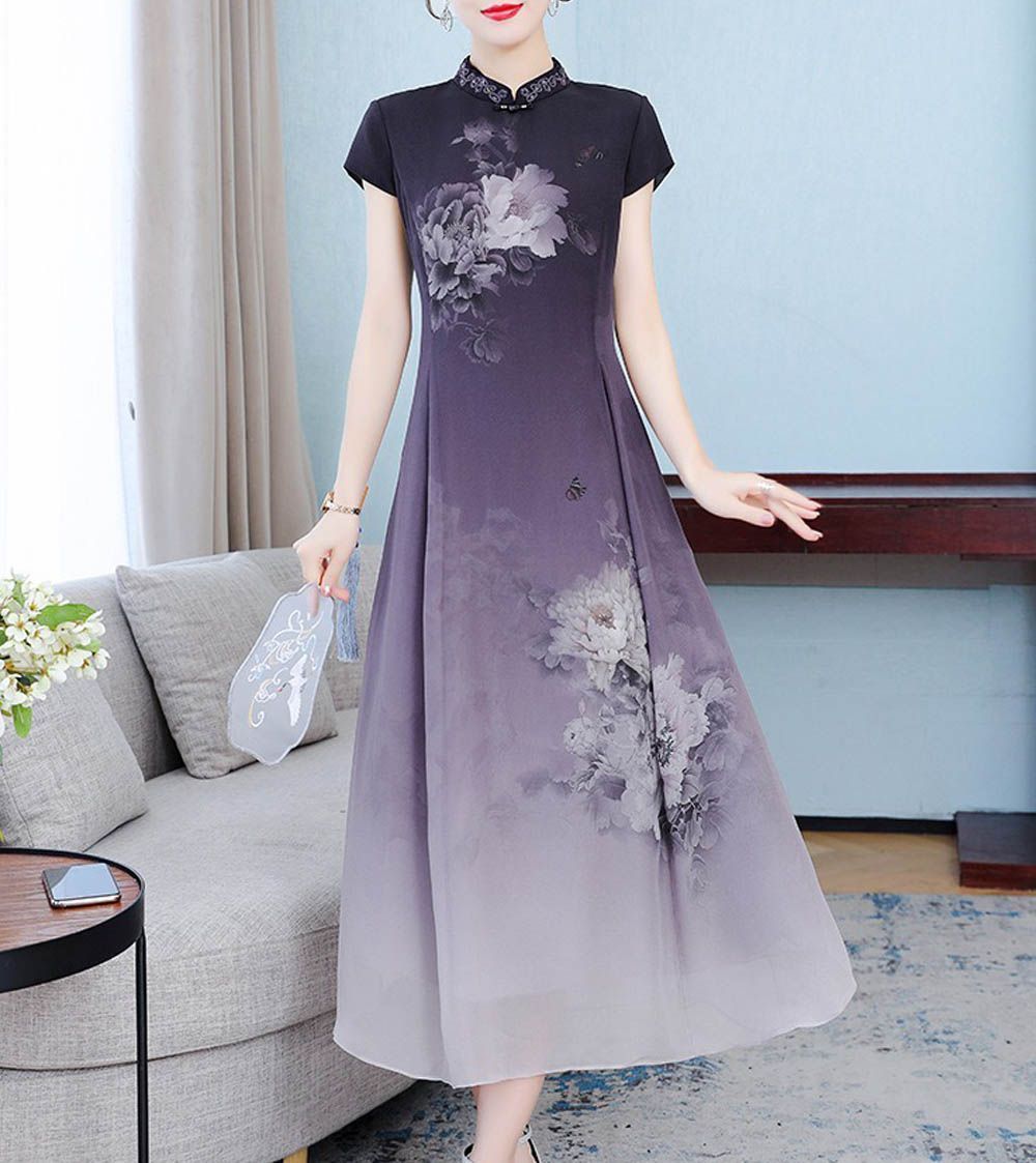新品 チャイナドレス風ワンピース ロング丈 半袖 アオザイ風ワンピース 夏 マキシチャイナ風ワンピース Aライン チャイナドレス シルクドレス お呼ばれ 結婚式 0786