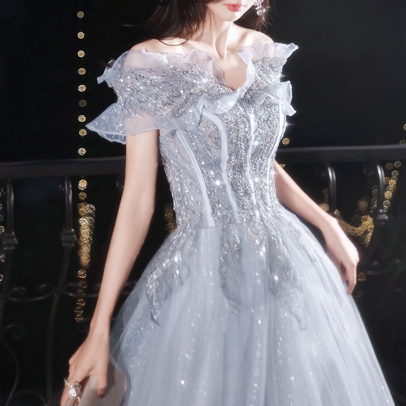 新品 パーティードレス ロングドレス 半袖 グレー キラキラ Aライン シフォン 可愛い チュール 結婚式 パーティー 二次会 お洒落 077
