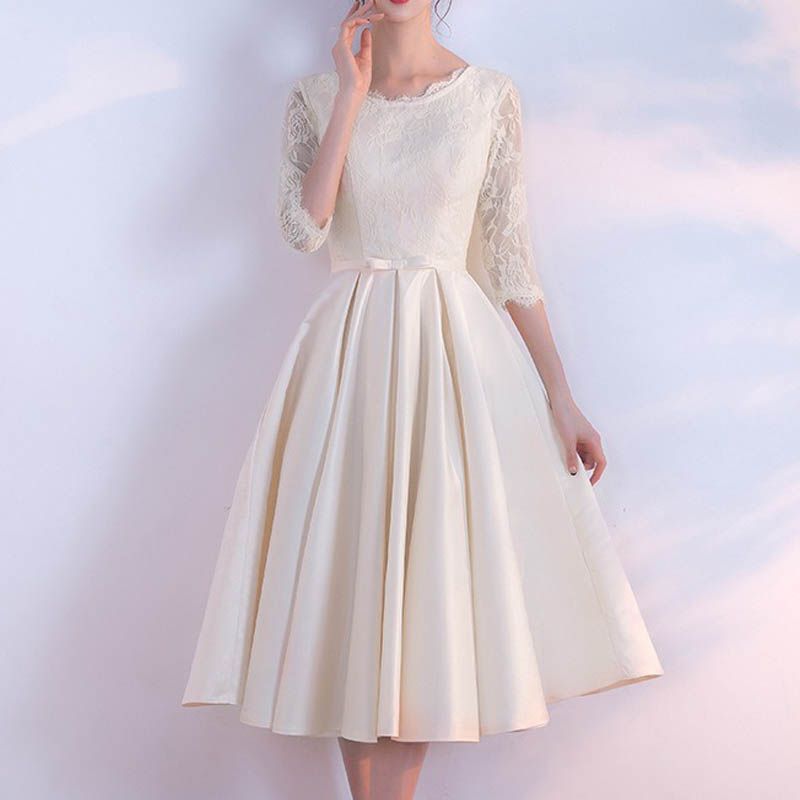 新品 パーティードレス 袖あり シャンパン 結婚式 ワンピース ドレス サテン aライン ミディアム丈 ミモレ丈 フォーマル フレア レース リボン お呼ばれ 二次会 発表会 0665