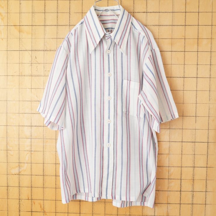 70s 80s USA 半袖 ライトフランネル ストライプシャツ ブルー レッド メンズML相当 アメリカ古着　031926ss60