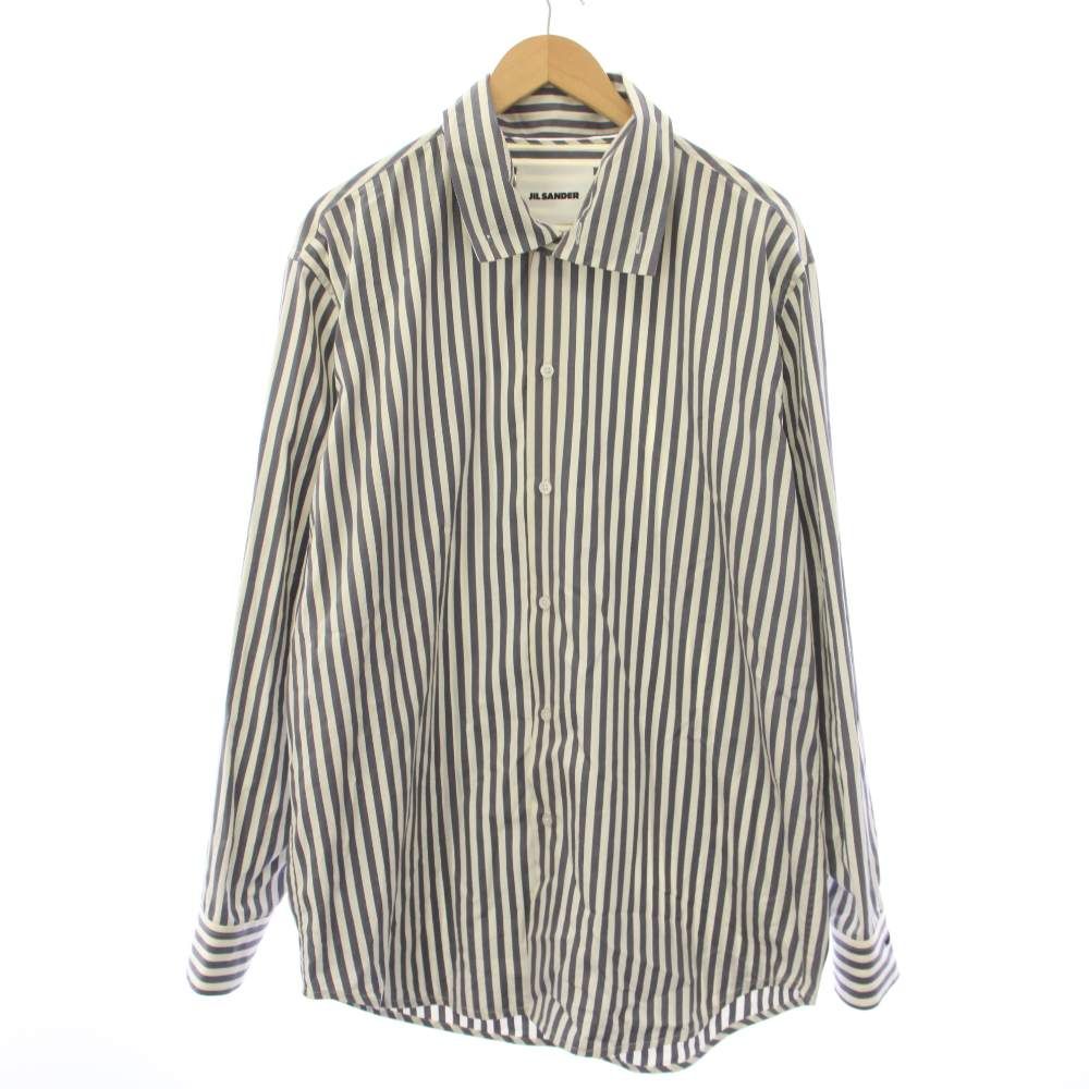 ジルサンダー JIL SANDER 21AW ハイネックストライプロングスリーブシャツ 長袖 ロゴ刺繍 46 白 ホワイト ブルーグレー JSMT602827 /YT