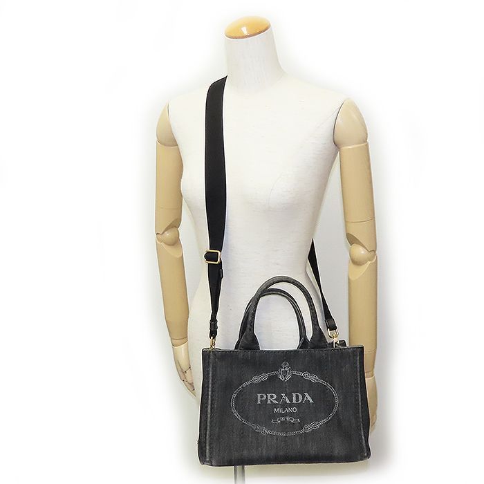 PRADA カナパ ミニ トート バッグ ブラック デニム ショルダー ハンド