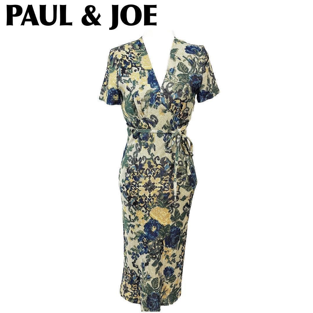 【美品】PAUL & JOE 半袖ワンピース Vネック ウエスト紐 38 花柄