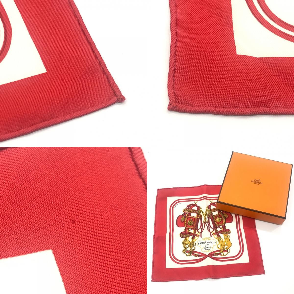 エルメス　HERMES ハンドメイド　シルクハンカチ 赤 HERMES エルメス ハンカチ BRIDES de GALA 式典用馬勒 シルク レッド