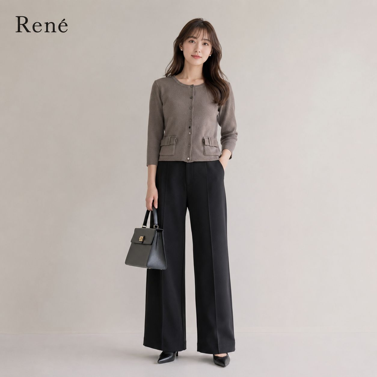 【極美品】Rene 5532050 /ルネ 34 「XS〜Sサイズ（5〜7号）相当」ブラウン リボン カーディガン 上品 コンパクト グログランポリエステル100%美シルエット 大人フェミニン 学校行事 セレモニー お食事会 通勤 羽織り 人気 完売系