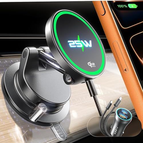 【LISEN 2026 新登場・Qi2.2認証 25W充電】スマホホルダー 車 ワイヤレス充電 マグネット【25W急速充電+真空吸盤+レバー調整、係止ロック】magsafe 車載ホルダー 車 スマホスタンド 真空吸着式スマホホルダー 車 マグ 12e16d4e