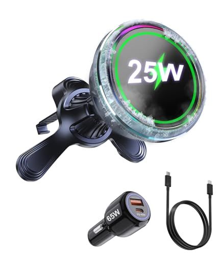 Koolehaoda Qi2.2認証 25W充電 magsafe車載ホルダー ワイヤレス充電器【TECペルチェ素子+冷却ファン搭載】マグネット式 スマホホルダー 車ワイヤレス充電 LEDライト エアコン 吹き出し口 取付簡単 片手操作 いiP 2ed759dc