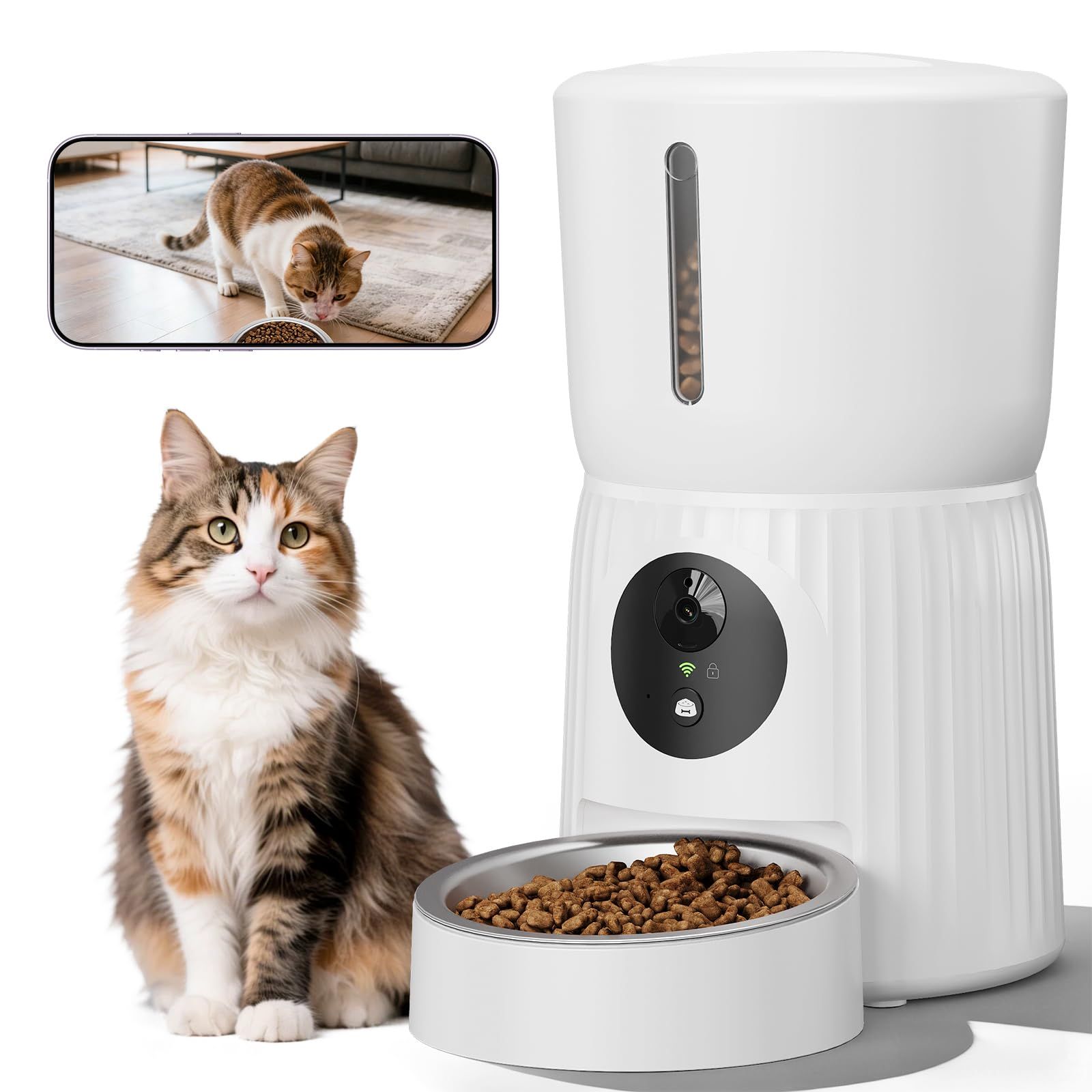 Surfola 自動給餌器 猫 犬 小動物 [Wi-Fi/スマホ必要] 4L大容量 ペット給餌器 1日15食 遠隔操作 双方向会話 2WAY給電 水洗い可能 音声録音 ステンレス皿 お手入れ簡単 日本語説明書付き ホワイト★m eb141598