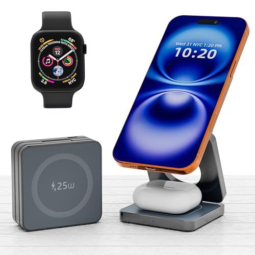 25W Mag対応 ワイヤレス充電器 3in1 折りたたみ式｜iPhone 17/16/15/14/13/12 対応｜Apple Watch・AirPods 同時充電｜高速ワイヤレス充電スタンド｜コンパクト設計・持ち運び便利・USB-C入力- f748cc52