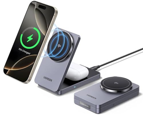 UGREEN MagFlow Qi2 ワイヤレス充電器 MagSafe 折り畳み Qi2充電スタンド (2-in-1) マグセーフ充電器 最大15W高速出力 マグネット式 角度調整 合金質感 薄型軽量 iphone17/16/15/14/13 0bb31b8b