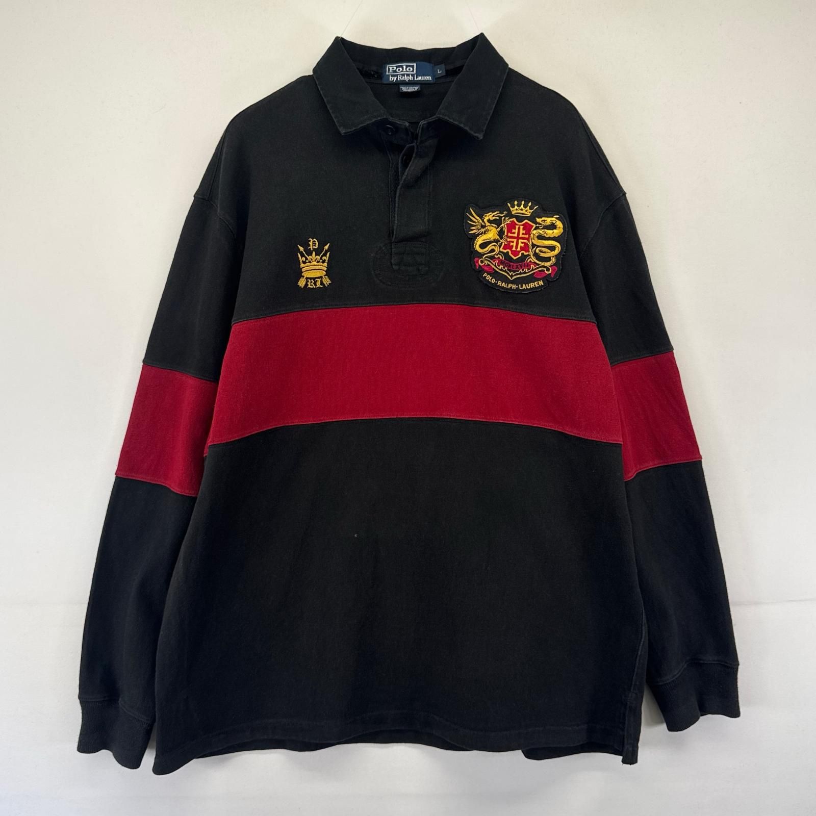 古着 ポロ・ラルフローレン POLO RALPH LAUREN 長袖シャツ ラガーシャツ ワッペン 刺繍 ロゴ レッド L ブラック系 ボーダー メンズ