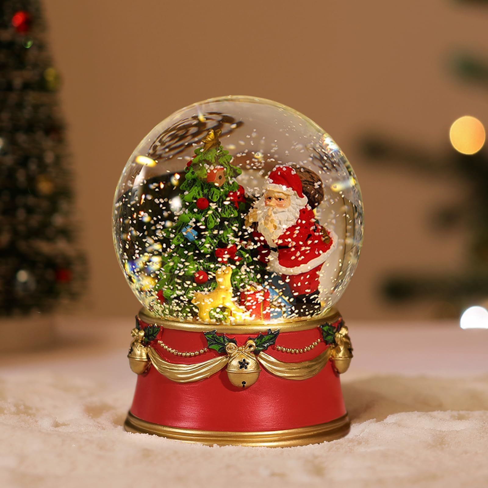 【特価商品】部屋装飾 クリスマスプレゼント 置き物 インテリア サンタさんがクリスマスツリーを飾り付ける クリスマスオブジェ LEDライト内蔵 サンタさんとクリスマスツリー Red スノードーム Lewondr