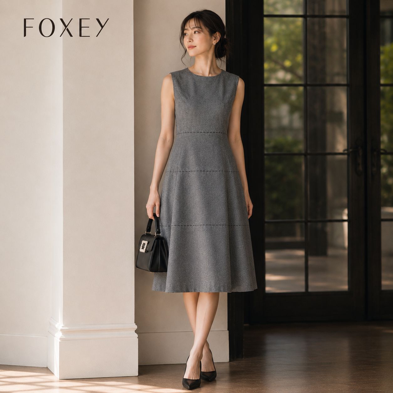 【極美品】【参考価格129,600円】FOXEY Dress“Torte” トルテ 40 「9号（Mサイズ）相当」リッチグレー ウール100％ カットワーク ワンピース ドレス 裏地あり セレモニー 学校行事 上品 エレガント 掲載商品