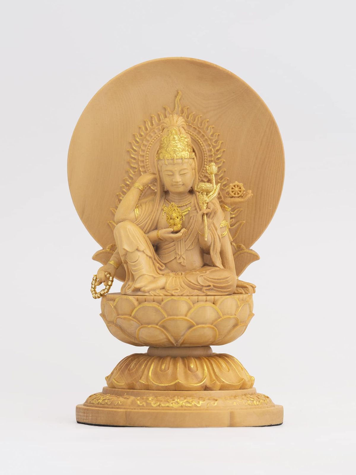 極小仏 如意輪観音 10.5cm（木製：ツゲ 金泥仕上）＿観世音菩薩 仏像 フィギュア 木彫り 置物（GSBにょいりんかんのん
