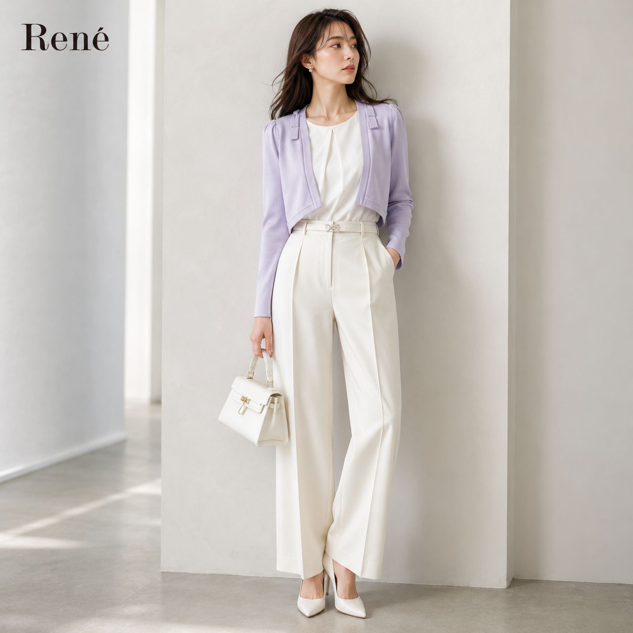 【未使用級】【 クリーニング済】Rene ルネ 36 「Sサイズ（7号）～Mサイズ（9号）相当」ラベンダー リボン ボレロ カーディガン アセテートBLEND春夏秋 上品 フェミニン 学校行事 お食事会や結婚式 エレガント