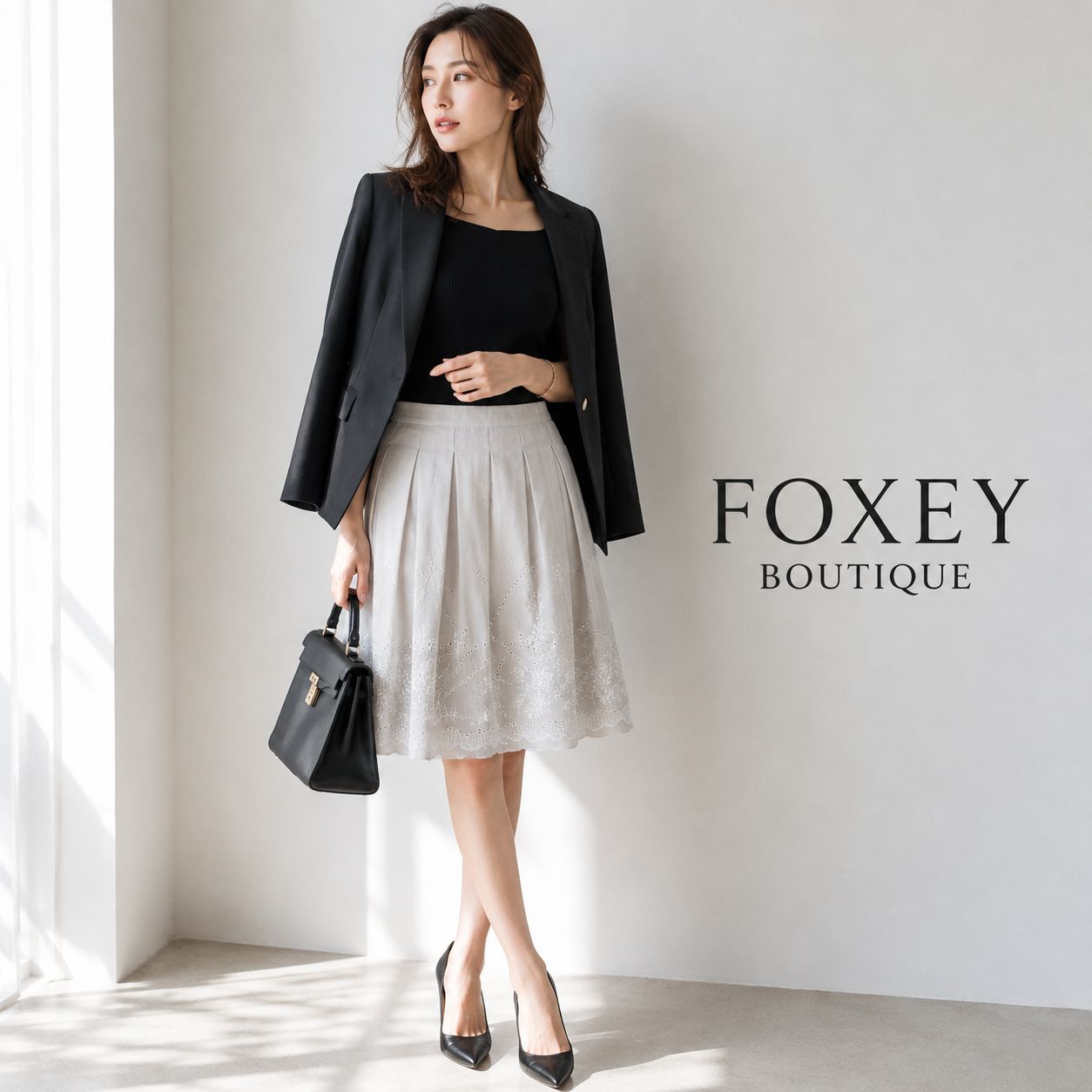 【極美品】FOXEY BOUTIQUE / フォクシーブティック 38 （7～9号・S～M相当）オフグレー リネン カットワーク フラワー刺繍 麻100％スカート お出かけ、お食事会、リゾートシーン