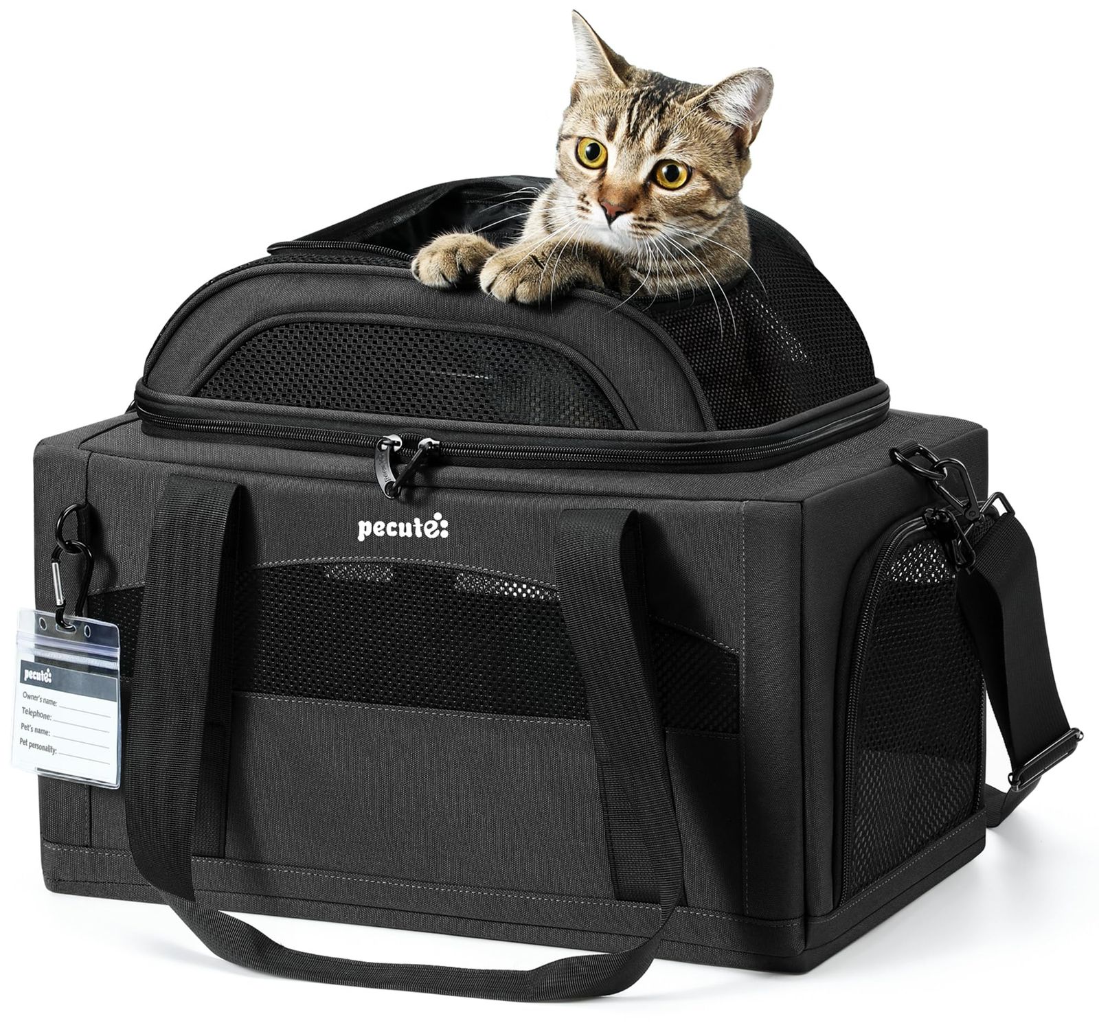Pecute 猫 キャリー バッグ 上部拡張 折りたたみ ペットキャリー 小型犬用 飛び出し防止 軽量 通気性メッシュ 安定感 収納便利 お出かけ ドライブ 旅行 通院 防災 避難用 ダークグレー★m d48d21a4