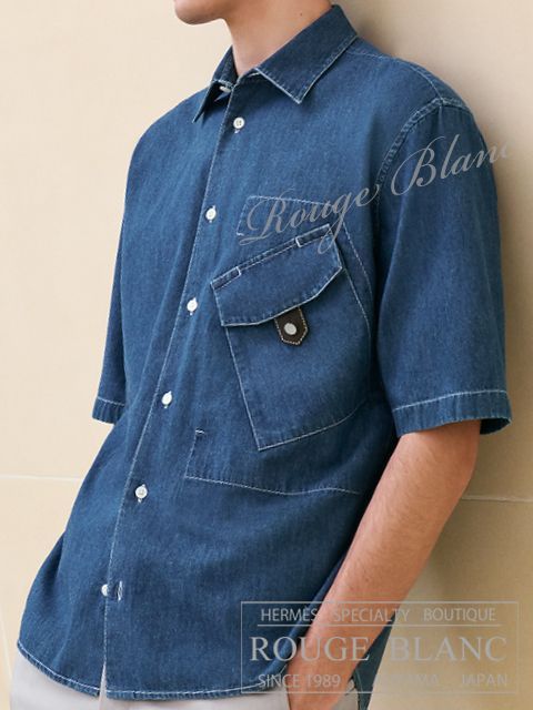 エルメス　2025 S/S　メンズ　デニムシャツ　レザーデティール　インディゴラヴェ　#42　タグ付　【新品】
