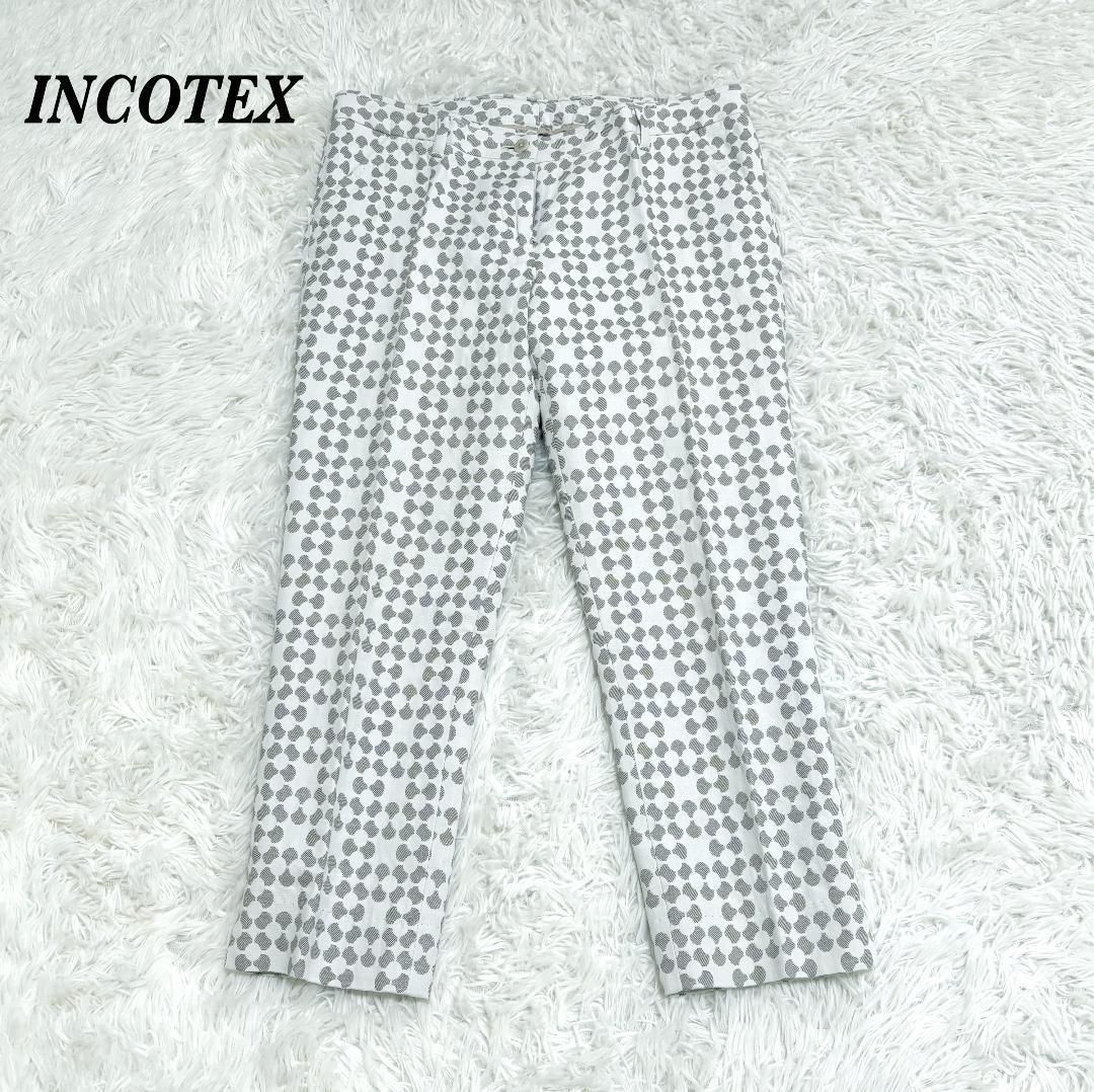 【美品】 INCOTEX クロップドパンツ 42 綿 アイボリー×グレージュ
