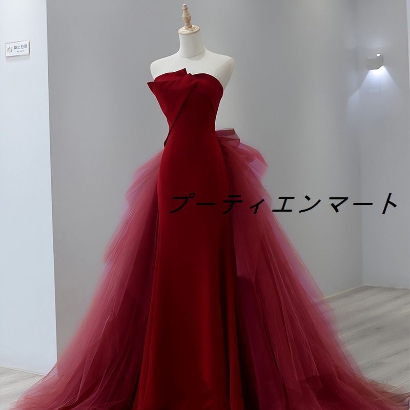 新品 イブニングドレス パーティードレス ロングドレス レッド チューブトップ 結婚式 二次会 花嫁 演奏会 大人 ピアノ 発表会 着痩せ ドレス タイト シフォン フィッシュテール 編み上げ vs516