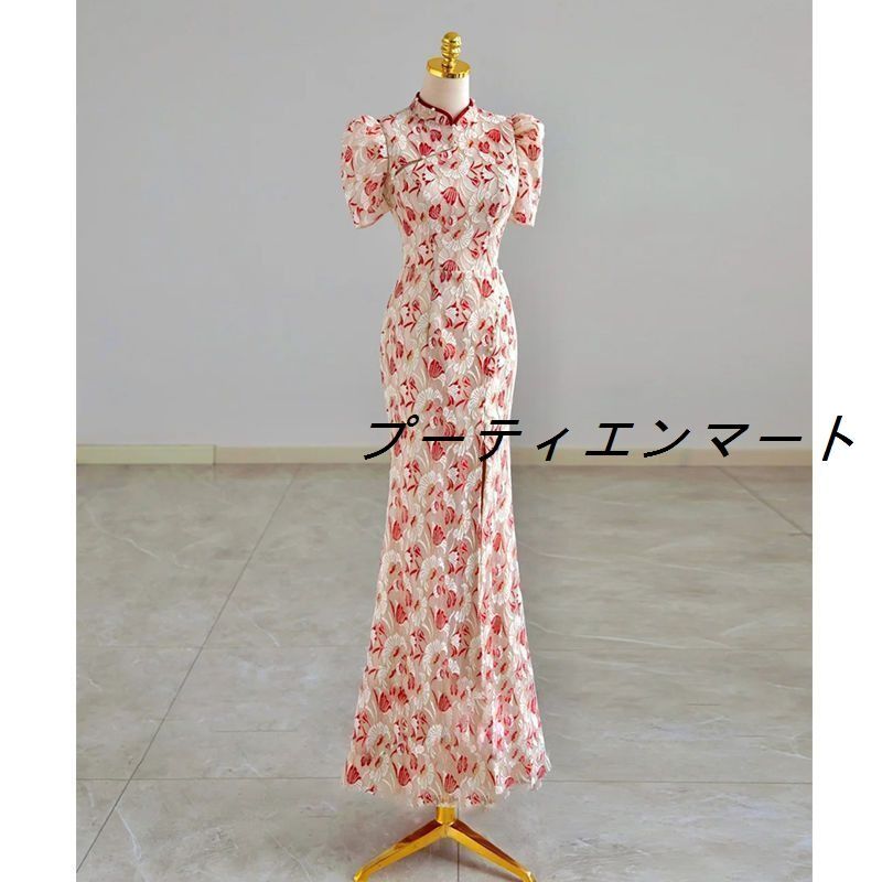 新品 レディース 夏 民族衣装 コスチューム 美しい チャイナ ドレス 女性 乾杯 摩耗 花嫁 結婚式 婚約 レース ミドル丈 vs516