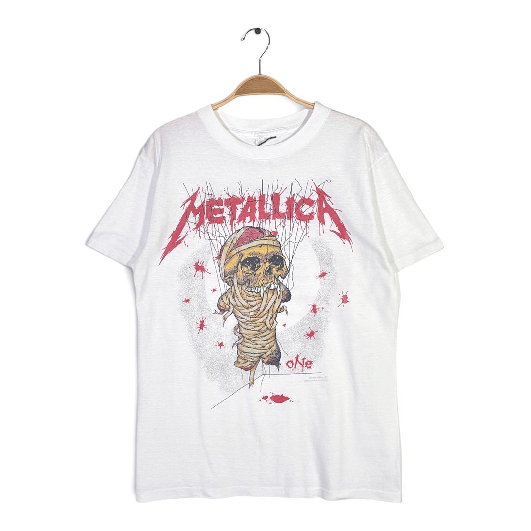 80s メタリカ パスヘッド ヴィンテージ Tシャツ ONE スカル ロックTシャツ ホワイト シングルステッチ METALLICA PUSHEAD サイズL相当 古着 AB0036
