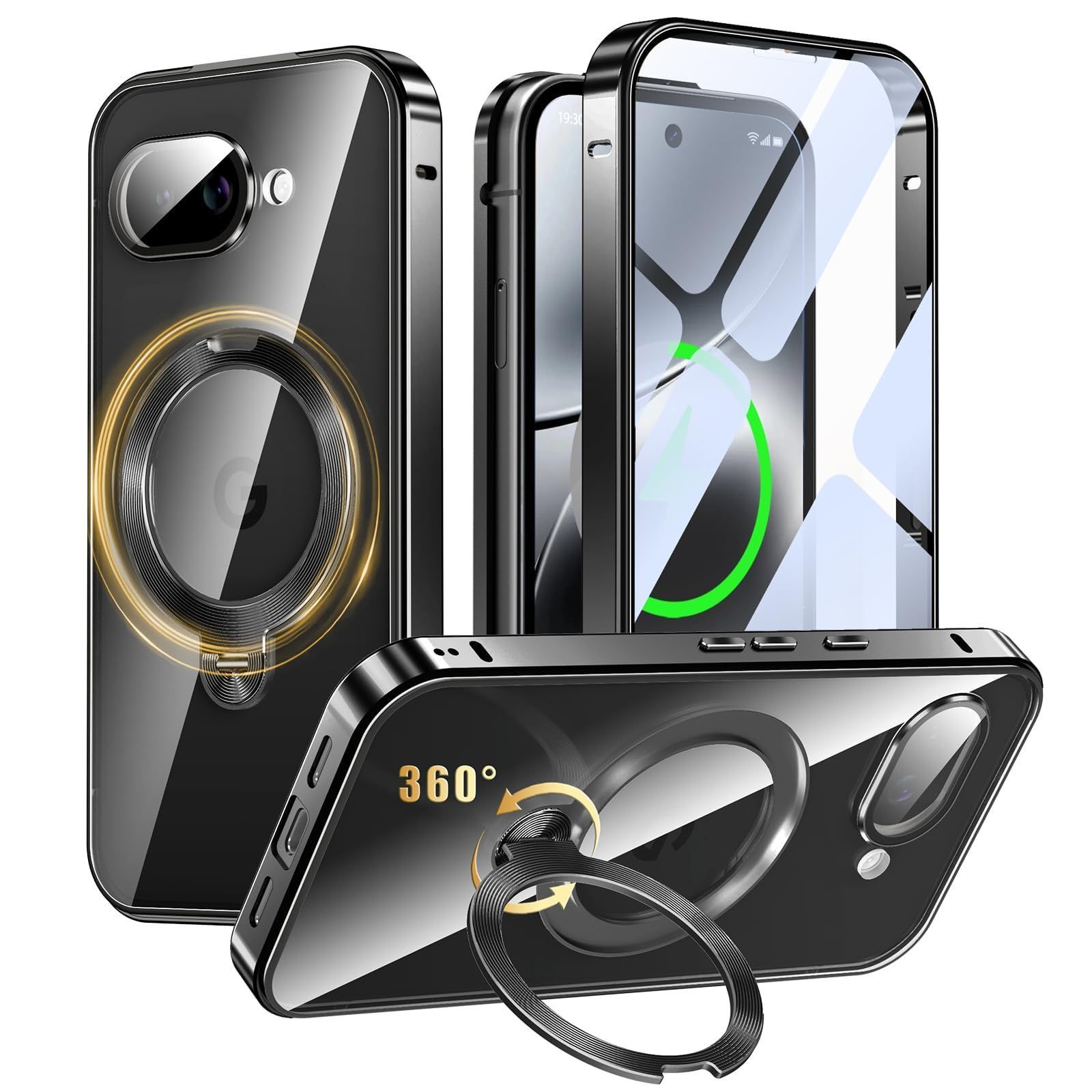 特価商品　カバー 全面保護 ぐーくるぴくせる10a ガラス スマホケース CD紋リングスタンド Uovon 縦横多角度 ワイヤレス充電 ゼンマイ式スタンド フルカバー 車載ホルダー ピクセル10a ロック機能 Google Google 金属ボタン ケース M