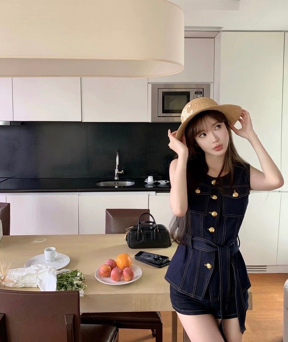 デニムベスト ゴールド バックル トップス ベスト 韓国 春夏 S M L