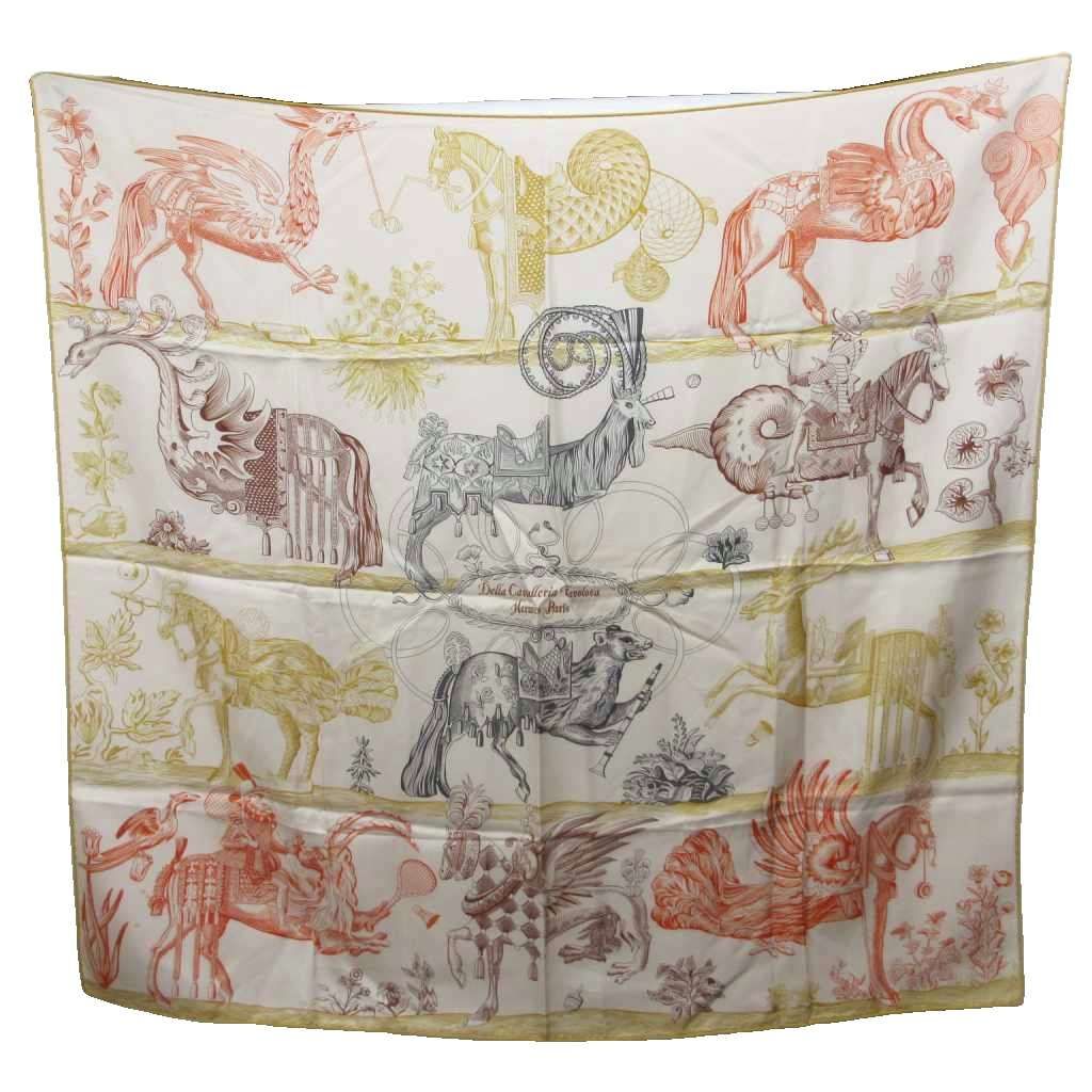エルメス HERMES カレ90 ダブルフェイス DELLA CAVALLERIA FAVOLOSA リバーシブル スカーフ ストール 総柄 絹 シルク100% ベージュ マルチカラー
