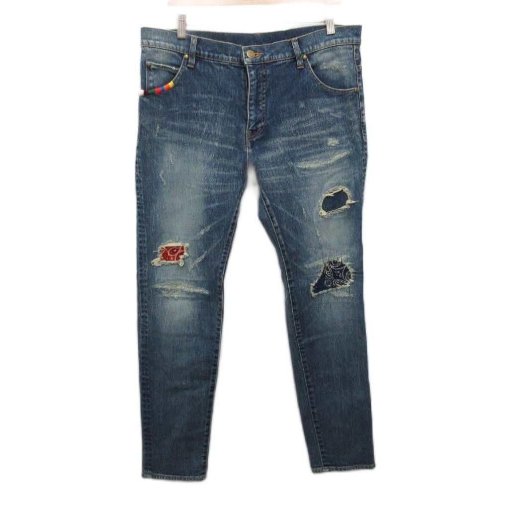 ウノピュウノウグァーレトレ 1PIU1UGUALE3 9 TAPARED BANDANA デニムパンツ ジーンズ スリム ジップフライ リペア加工 刺繍 7 インディゴ MRP367 CTU181 ■IBO96