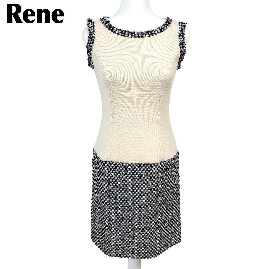【美品】 Rene ノースリーブドッキングワンピース 36 ベージュ黒 ツイード