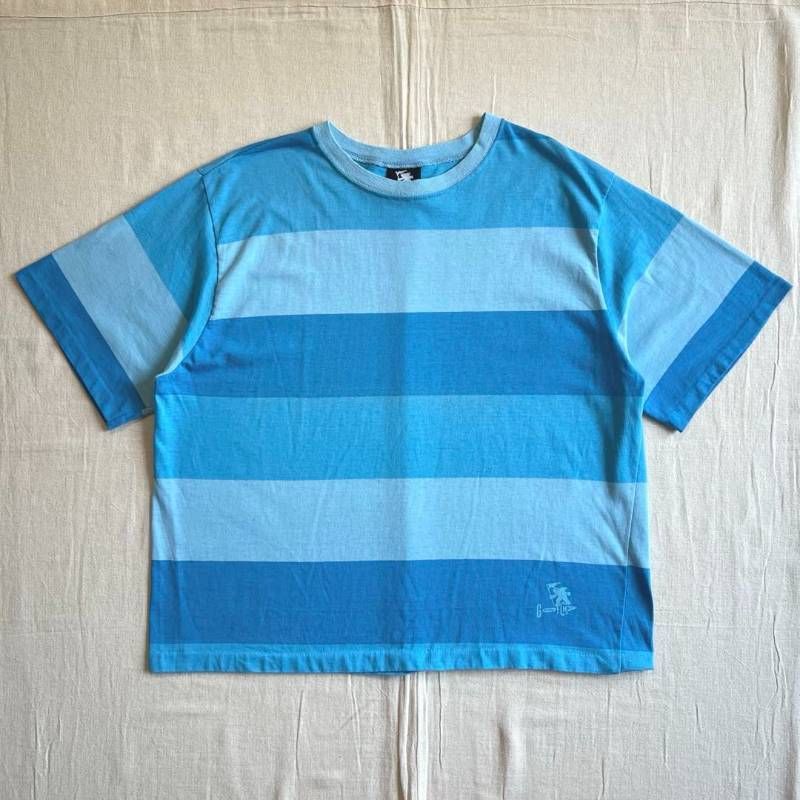 極希少　80～ 90s　vintage　OLD GOTCHA　ガッチャ　MADE IN USA　アメリカ製　濃淡ブルー系　太マルチボーダー柄　短丈Tシャツ　半袖カットソー　M　一点物　Y2K　西海岸　ストリート　アメカジ　サーフ　blue border-T