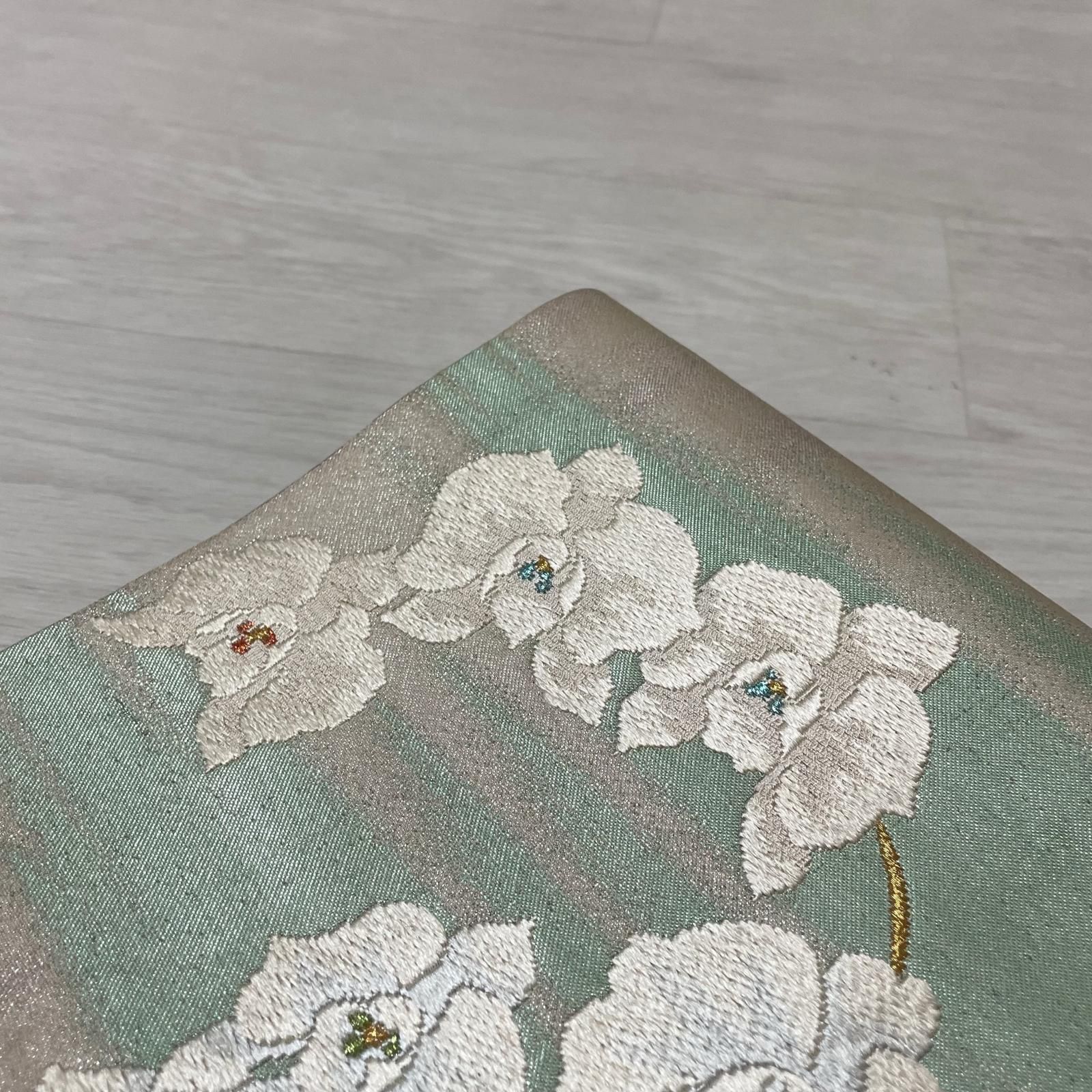 名古屋帯 唐織 上品な花模様 九寸 正絹 着物 X-2088