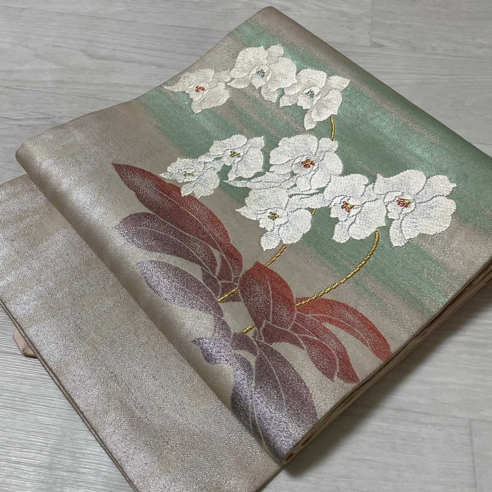 名古屋帯 唐織 上品な花模様 九寸 正絹 着物 X-2088