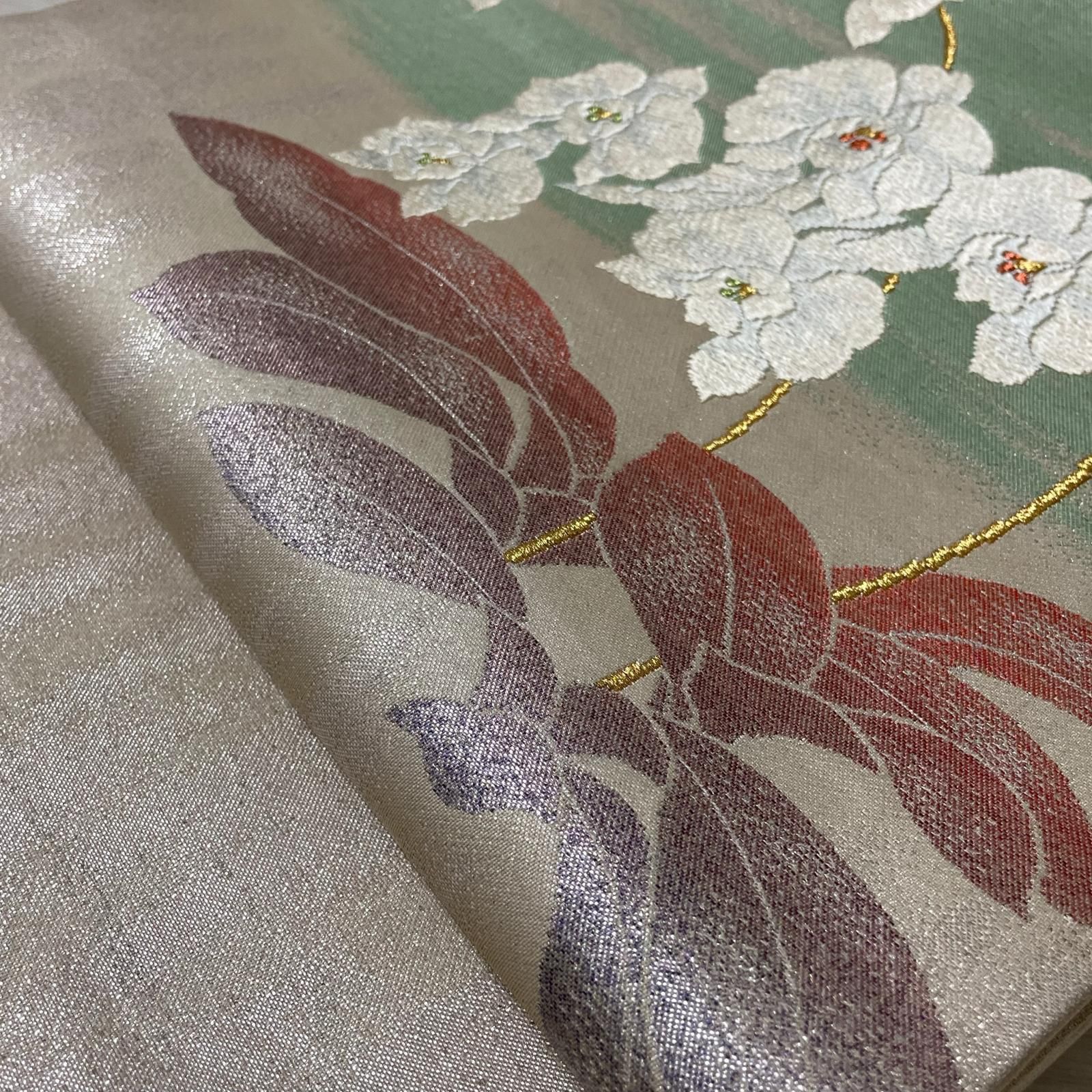名古屋帯 唐織 上品な花模様 九寸 正絹 着物 X-2088